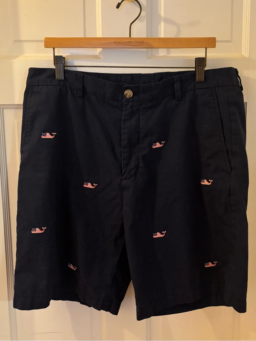 Vineyard Vines Navy Chino Shorts with Patriotic Whale Embroidery